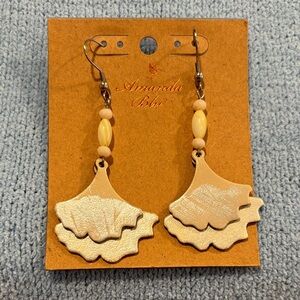 Amanda Blu Genuine Leather Ginkgo Leaf Earrings in Ivory NWT